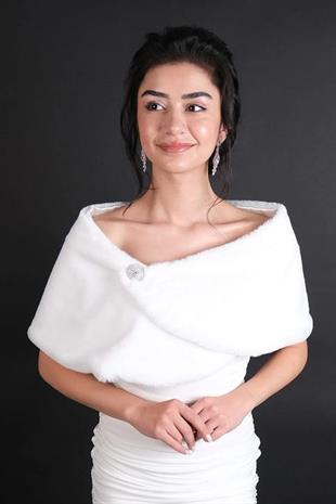 Düz Beyaz Yumuşak Gelin Kürkü Bolero Etol Kürk