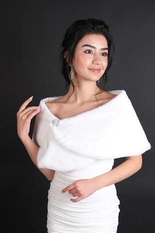 Düz Beyaz Yumuşak Gelin Kürkü Bolero Etol Kürk