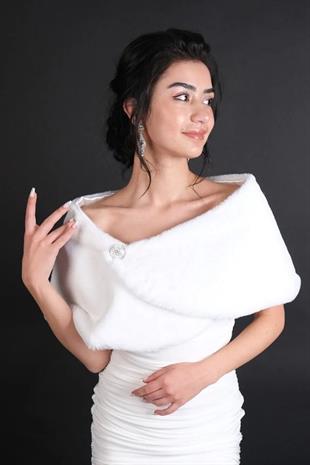 Düz Beyaz Yumuşak Gelin Kürkü Bolero Etol Kürk