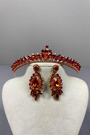 Ece Gelin Henna Crown and Drop Shuttle Stone Earring Set