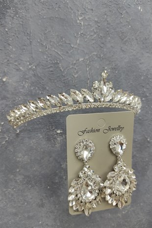 Ece Model Gelin Tacı Ve Damla Mekik Taşlı Küpe