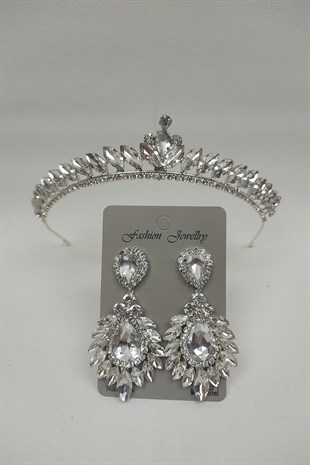 Ece Model Gelin Tacı Ve Damla Mekik Taşlı Küpe