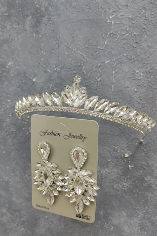 Ece Model Gelin Tacı Ve Damla Taşlı Küpe