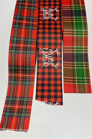 Ekose Mutlu Yıllar ve Çizgili Yılbaşı Kurdelesi 4 cm 30 mt Kırmızı