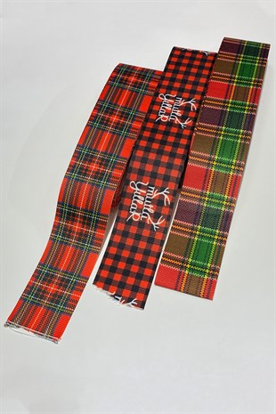 Ekose Mutlu Yıllar ve Çizgili Yılbaşı Kurdelesi 4 cm 30 mt Kırmızı