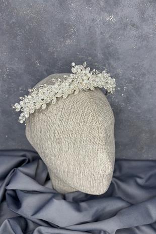 Ekru Boncuk İşlemeli Duru Gelin Kına Tacı