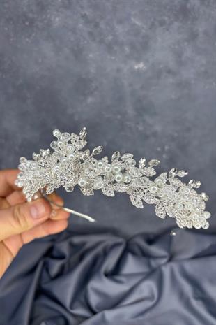 Ekru Boncuk İşlemeli Duru Gelin Kına Tacı