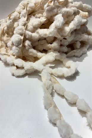 Ekru Peluş Şerit Ponpon,Tavşan Kuyruğu Ponpon,Peluş Ponpon 1 mt