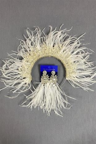 Ekru Sirius Kristal Boncuklu Tüylü Gelin Kına Tacı Ve Küpesi