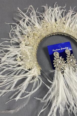 Ekru Sirius Kristal Boncuklu Tüylü Gelin Kına Tacı Ve Küpesi