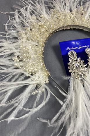 Ecru Sirius Crystal Beaded Feathered Bridal Henna Crown and Earrings