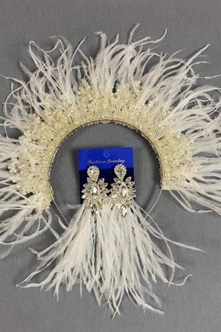 Ekru Sirius Kristal Boncuklu Tüylü Gelin Kına Tacı Ve Küpesi
