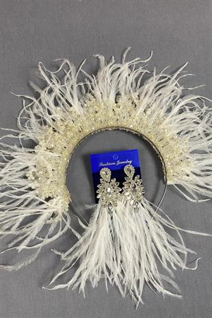 Ekru Sirius Kristal Boncuklu Tüylü Gelin Kına Tacı Ve Küpesi