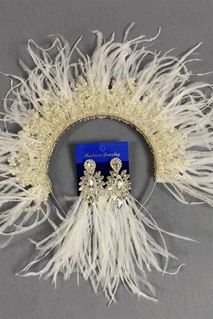 Ecru Sirius Crystal Beaded Feathered Bridal Henna Crown and Earrings