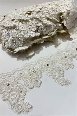 Ekru Taşlı Boncuk İşlemeli Kenar Fransız Danteli Güpür
