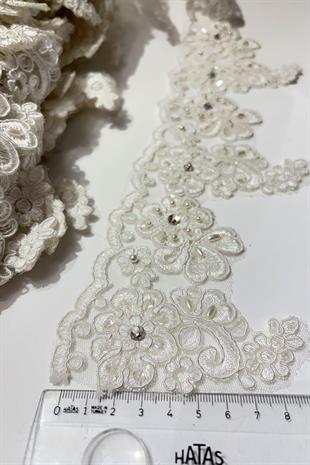 Ekru Taşlı Boncuk İşlemeli Kenar Fransız Danteli Güpür