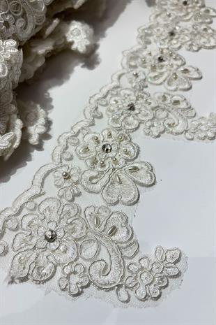 Ekru Taşlı Boncuk İşlemeli Kenar Fransız Danteli Güpür