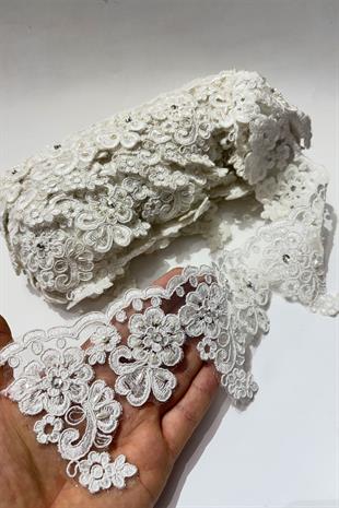 Ekru Taşlı Boncuk İşlemeli Kenar Fransız Danteli Güpür