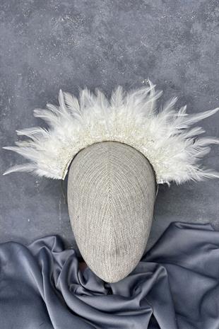 Ekru Tüylü Kristal Boncuklu Arden Gelin Kına Tacı