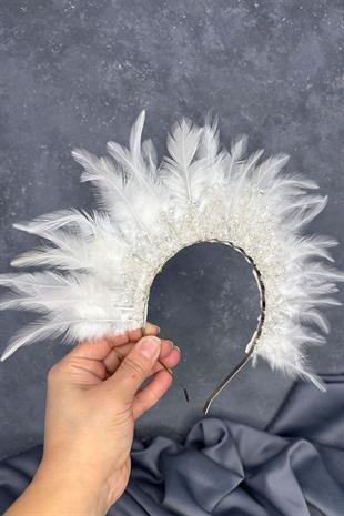 Ekru Tüylü Kristal Boncuklu Arden Gelin Kına Tacı