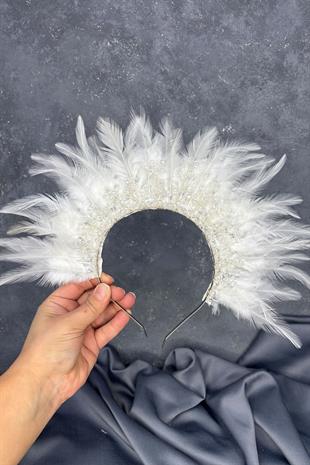 Ekru Tüylü Kristal Boncuklu Arden Gelin Kına Tacı