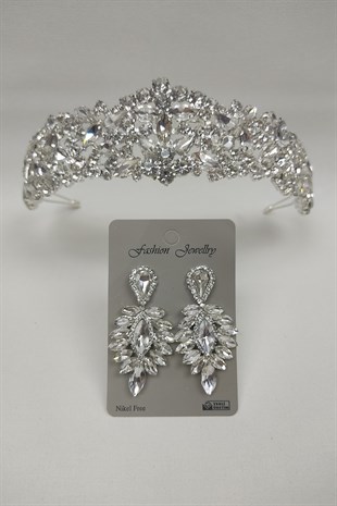 Ela Model Model Gelin Tacı Ve Damla Taşlı Küpe