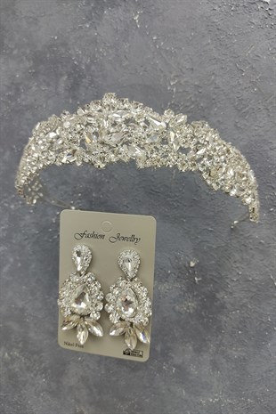 Ela Model Model Gelin Tacı Ve Mekik Damla Taşlı Küpe