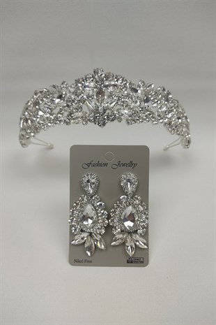 Ela Model Model Gelin Tacı Ve Mekik Damla Taşlı Küpe