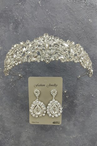 Ela Model Model Gelin Tacı Ve Mekik Taşlı Küpe