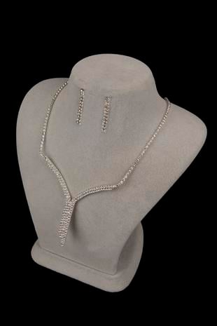 Ela Su Yolu Kristal Taşlı Abiye Kolye Küpe Seti Ve Yaprak Gelin Tacı