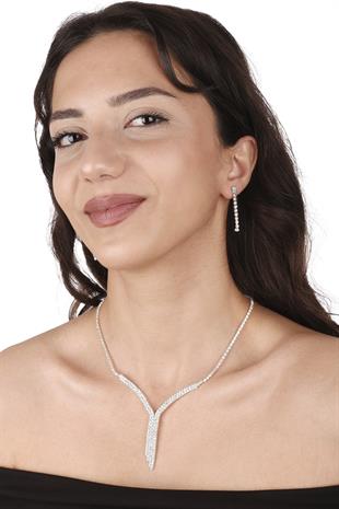 Ela Su Yolu Kristal Taşlı Abiye Kolye Küpe Seti Ve Yaprak Gelin Tacı