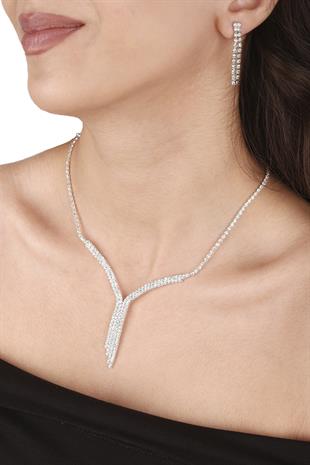 Ela Su Yolu Kristal Taşlı Abiye Kolye Küpe Seti Ve Yaprak Gelin Tacı