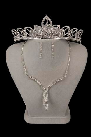 Ela Su Yolu Kristal Taşlı Abiye Kolye Küpe Seti Ve Yaprak Gelin Tacı