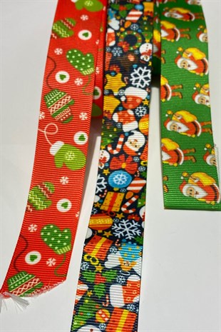 Eldiven Noel Baba Baskılı Yılbaşı Kurdelesi 2,5 cm 30 mt Rengarenk