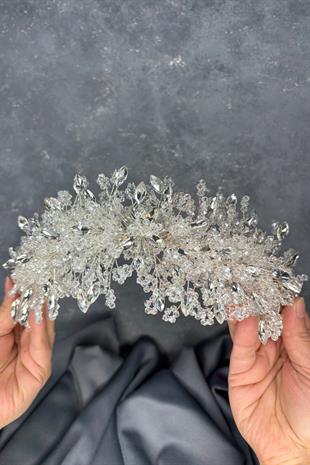 Elena Model Gelin Tacı Boncuk İşlemeli Türban ve Saç Aksesuarı