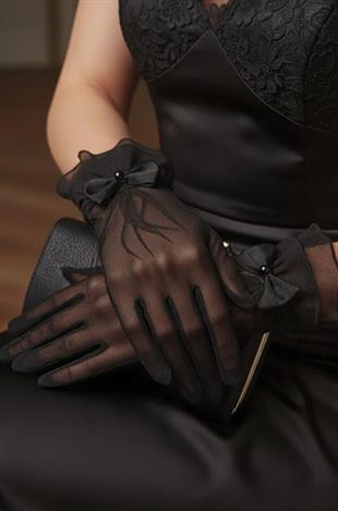 Ruffled Detail Bridal Gloves - Ribbed Tulle Fabric Elegant Wedding Accessory