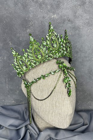 Fıstık Yeşili BalcaYüksek Alınlık Sallantılı Gelin Kına Tacı