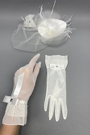 Bridal Gloves and Wedding Hat with Bow Face Veils