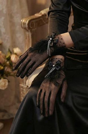 Bowknotted Pearl Embellished Stone Pendant Polka Dot Tulle Bridal Gloves