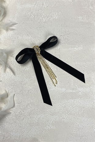 Fiyonklu Kadife Kurdeleli Sallantılı Taşlı Saç Tokası