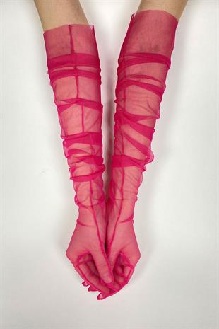 Fuşya 10 Adet Gelin Eldiveni Tül Eldiven Nikah/Düğün/Parti Eldiveni