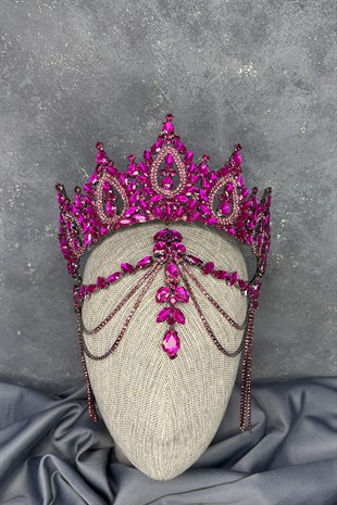 Fuşya BalcaYüksek Alınlık Sallantılı Gelin Kına Tacı