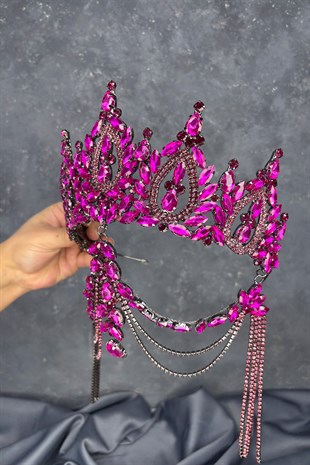 Fuşya BalcaYüksek Alınlık Sallantılı Gelin Kına Tacı