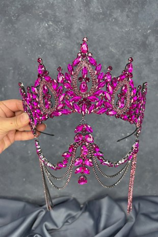 Fuşya BalcaYüksek Alınlık Sallantılı Gelin Kına Tacı