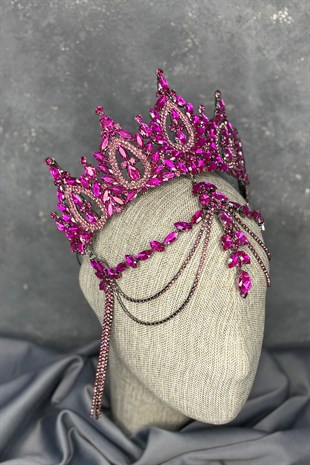 Fuşya BalcaYüksek Alınlık Sallantılı Gelin Kına Tacı