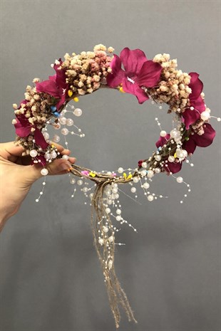 Fuşya Cipso ve Ortanca İncili Kuru Çiçekli Taç