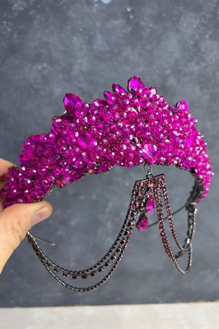 Fuşya Cudy Yoğun Boncuk İşlemeli Alınlık Gelin Kına Tacı