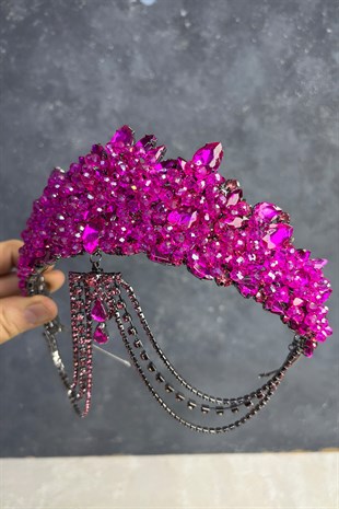 Fuşya Cudy Yoğun Boncuk İşlemeli Alınlık Gelin Kına Tacı