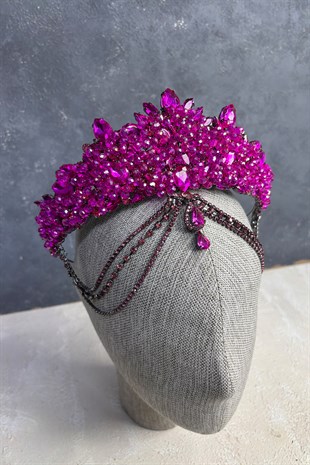 Fuşya Cudy Yoğun Boncuk İşlemeli Alınlık Gelin Kına Tacı