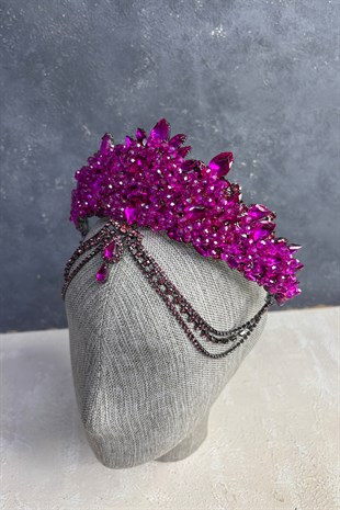 Fuşya Cudy Yoğun Boncuk İşlemeli Alınlık Gelin Kına Tacı